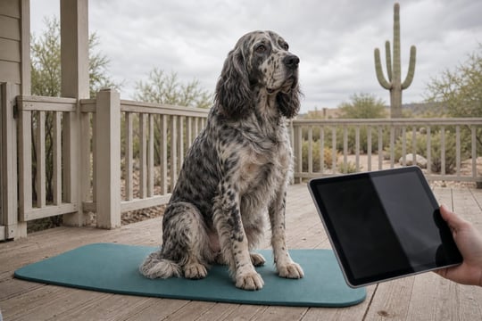 Springer Spaniel sitting calmly on a porch mat during a behavior assessment.