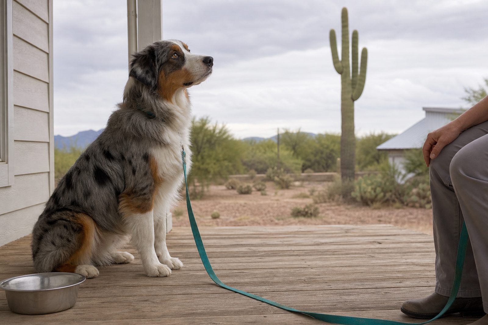 A grown Australian Shepherd sits calmly on a porch with a saguaro in the background.