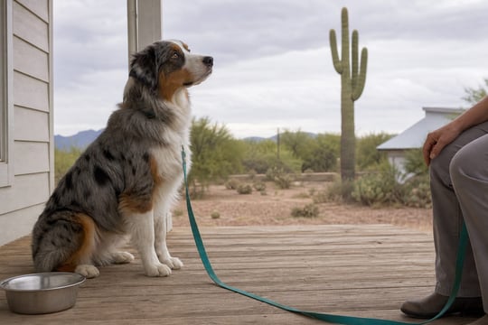 A grown Australian Shepherd sits calmly on a porch with a saguaro in the background.