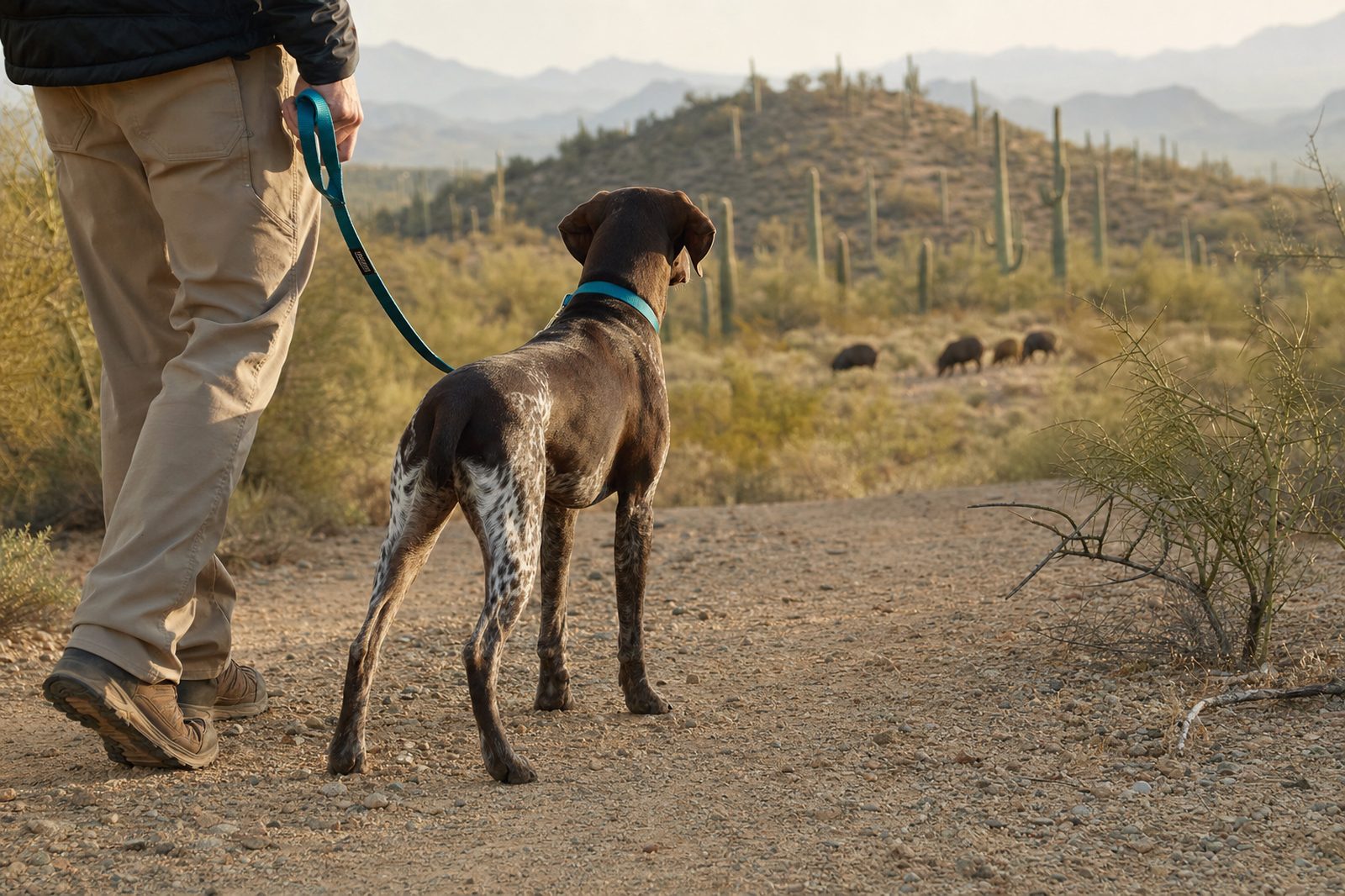 Pet parent walking a leashed German Shorthaired Pointer on a desert trail near a distant javelina herd