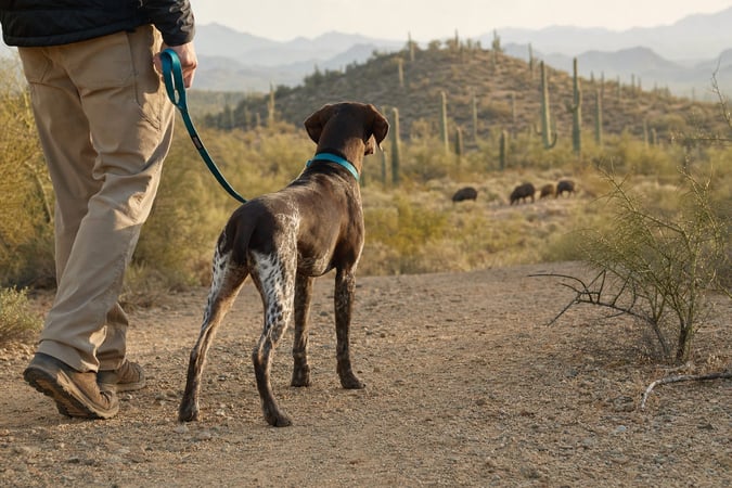 Pet parent walking a leashed German Shorthaired Pointer on a desert trail near a distant javelina herd