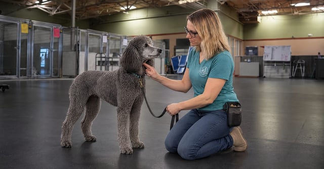 Sophie gently checking a Standard Poodle for signs of canine cough at our Scottsdale campus