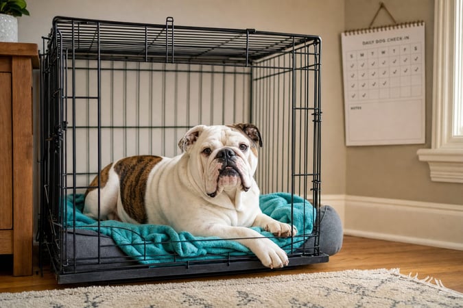 Adult English Bulldog resting in a home crate beside a wall calendar recovery timeline
