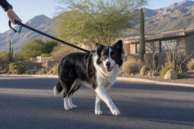 Pet Parent walking a leashed adult Border Collie on a Scottsdale neighborhood sidewalk with desert landscaping