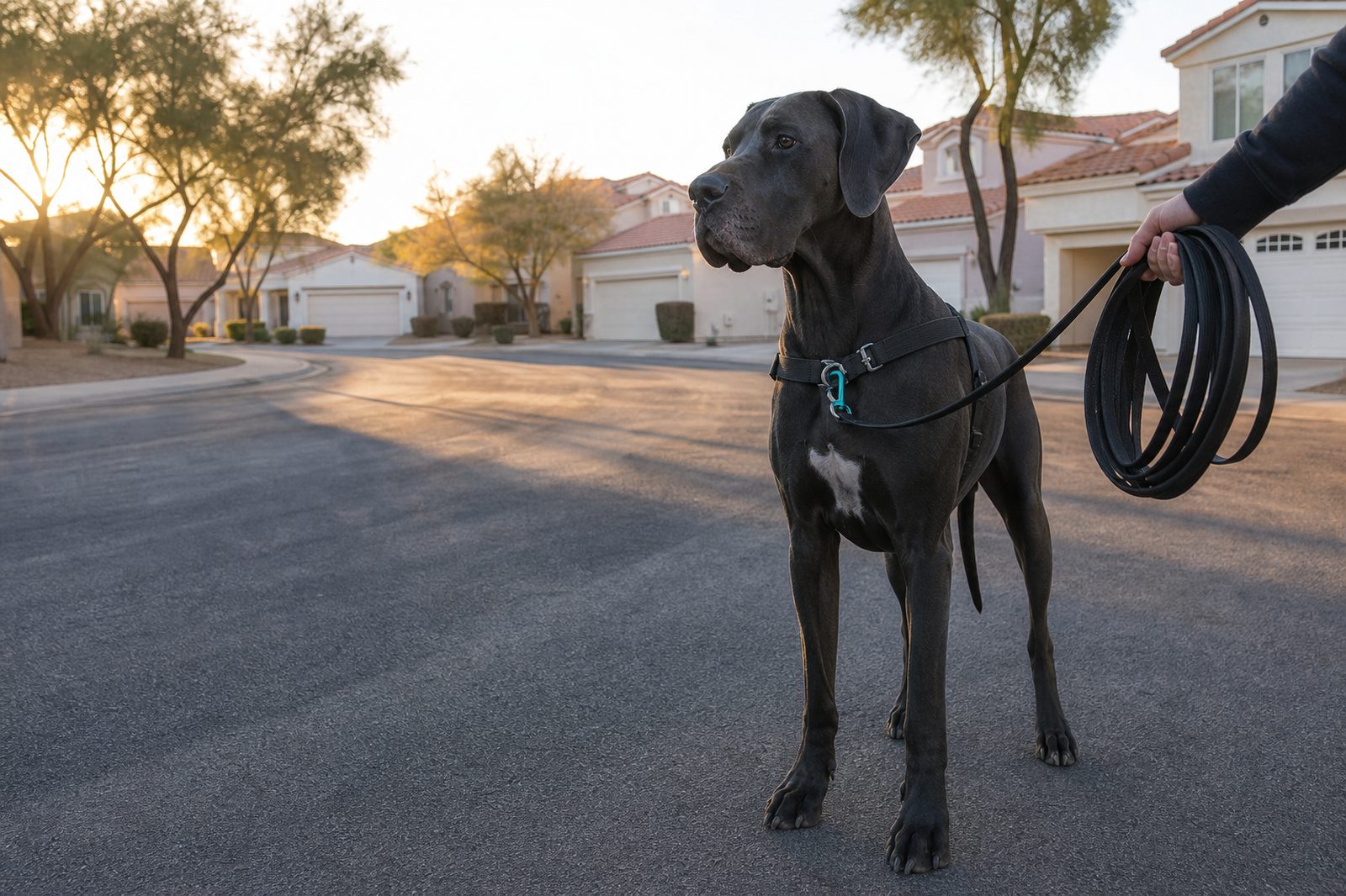Great Dane in a harness on a neighborhood street, attached to a coiled long line held by a handler.