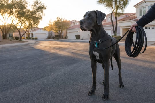 Great Dane in a harness on a neighborhood street, attached to a coiled long line held by a handler.