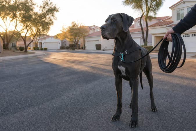Great Dane in a harness on a neighborhood street, attached to a coiled long line held by a handler.