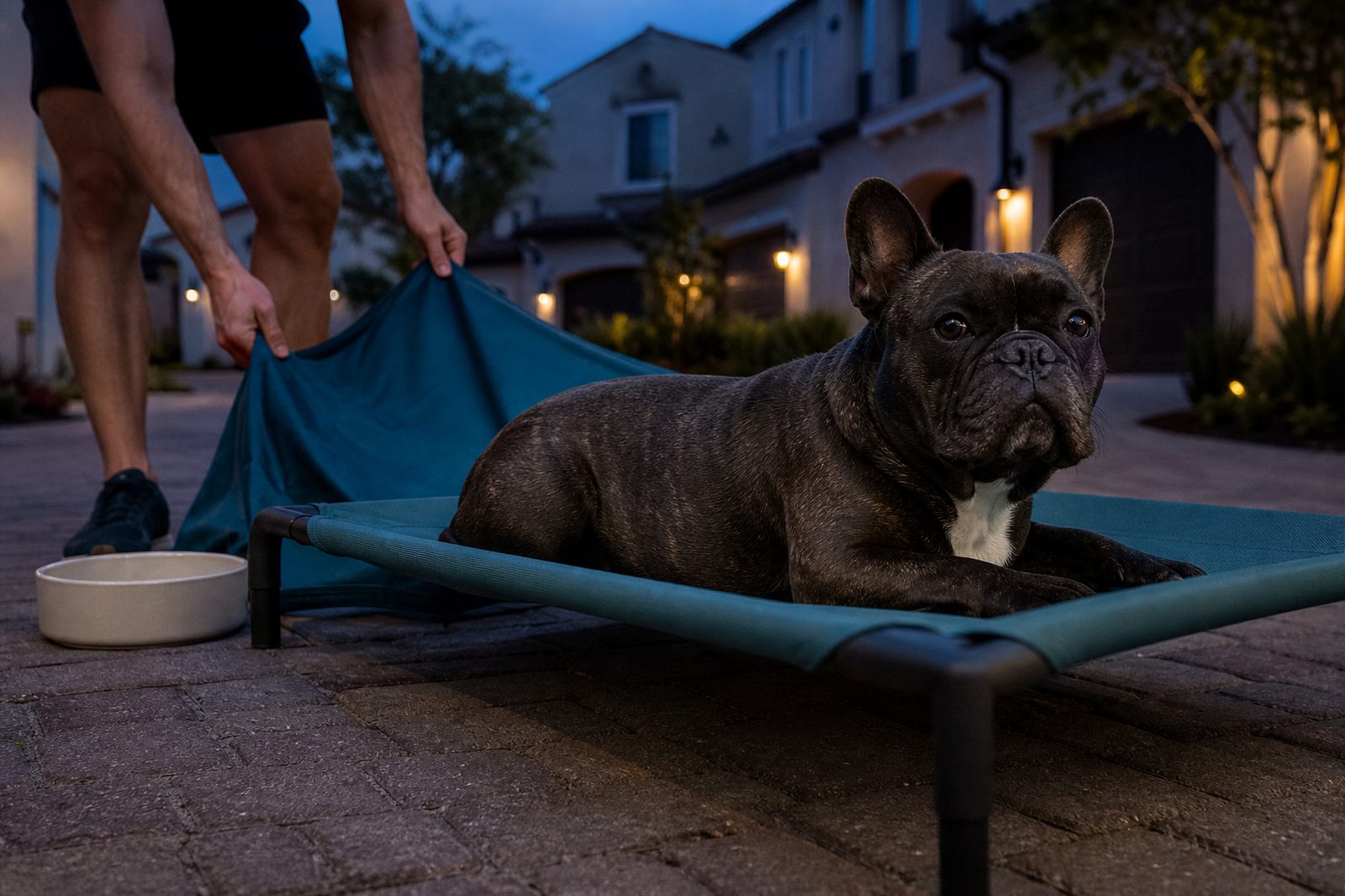 A French Bulldog rests on a raised cot outside stucco homes at dusk.