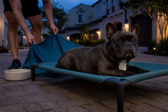 A French Bulldog rests on a raised cot outside stucco homes at dusk.