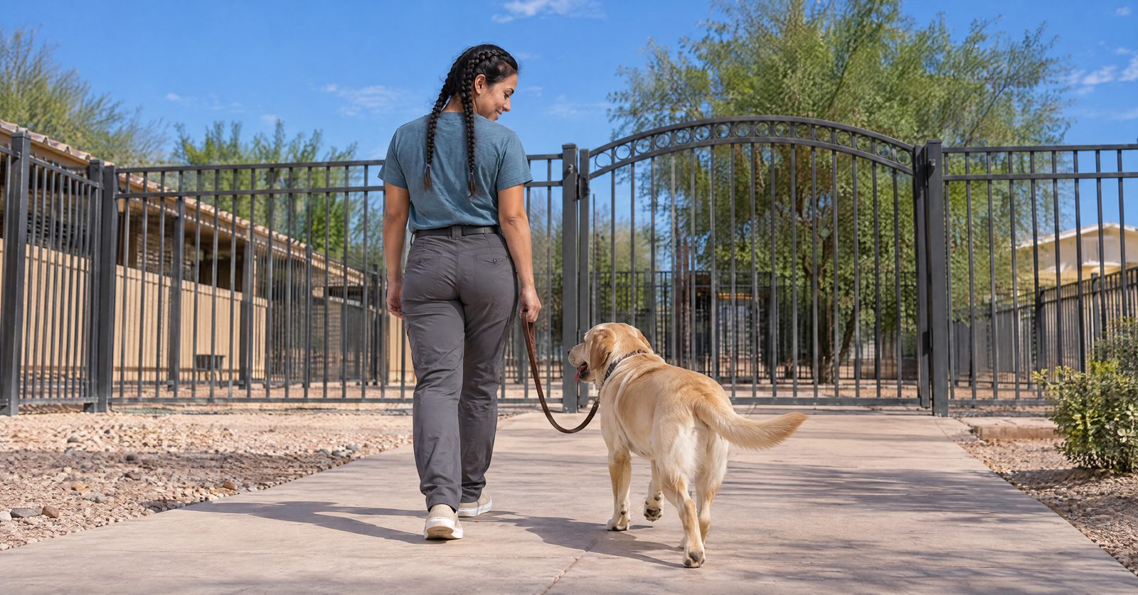 Amanda Johnson walking an adult Labrador Retriever on a loose leash near the Cave Creek entrance