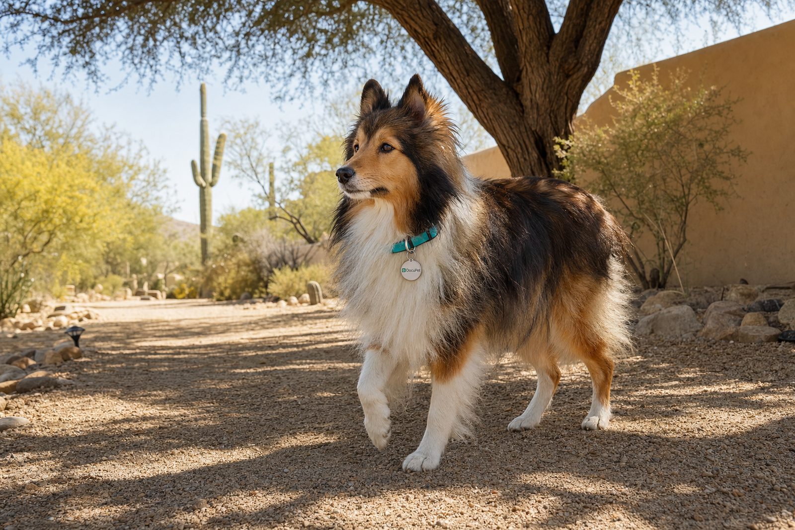 A Shetland sheepdog wearing a DocuPet lifetime tag on its collar in Scottsdale, Arizona