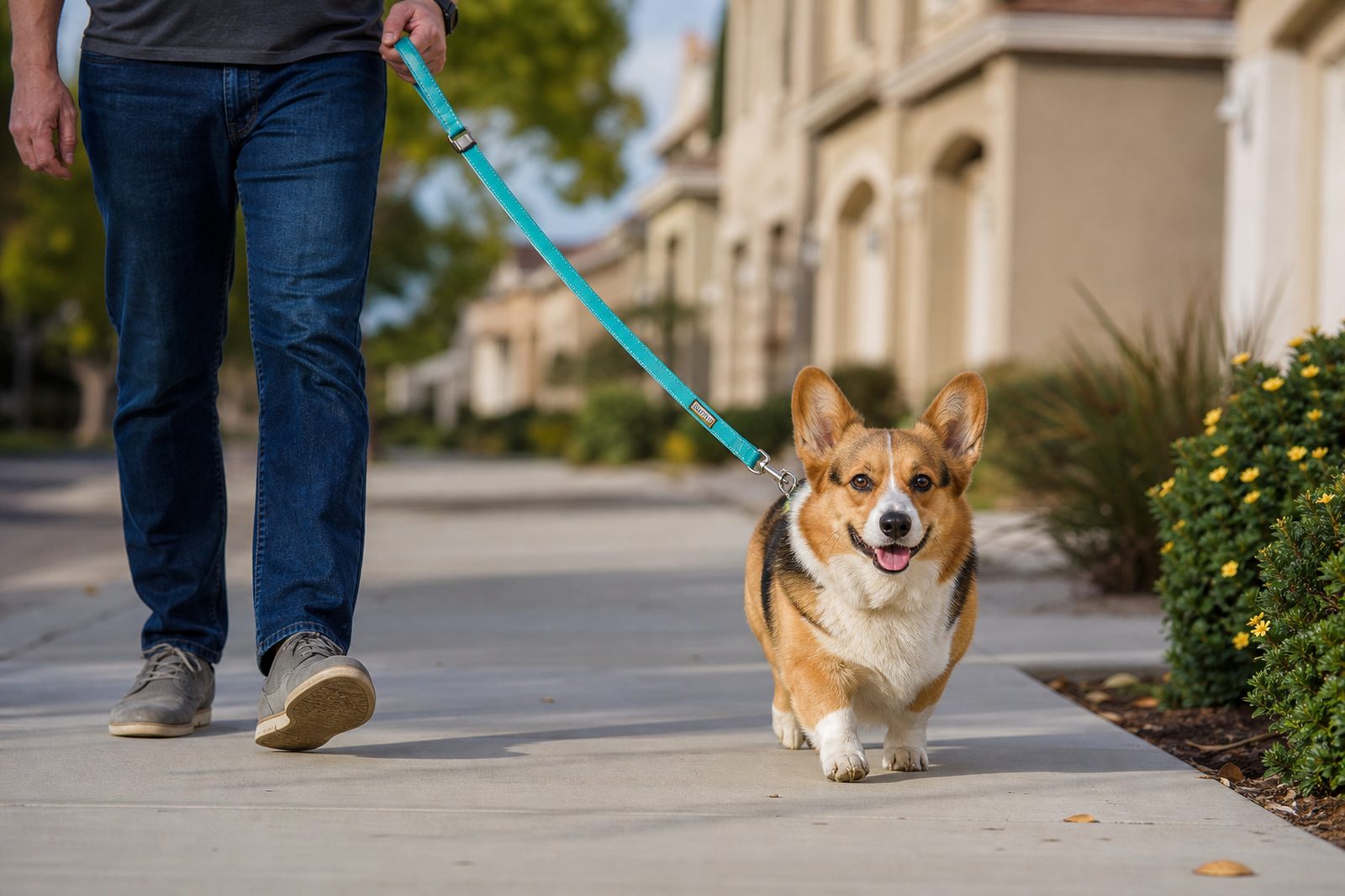 Corgi walking on a six-foot leash beside a handler along a suburban sidewalk.
