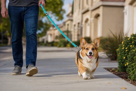 Corgi walking on a six-foot leash beside a handler along a suburban sidewalk.