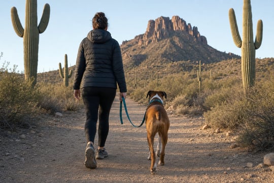 Handler with a leashed adult Boxer at a desert trailhead with mountains behind