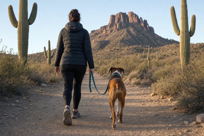 Handler with a leashed adult Boxer at a desert trailhead with mountains behind