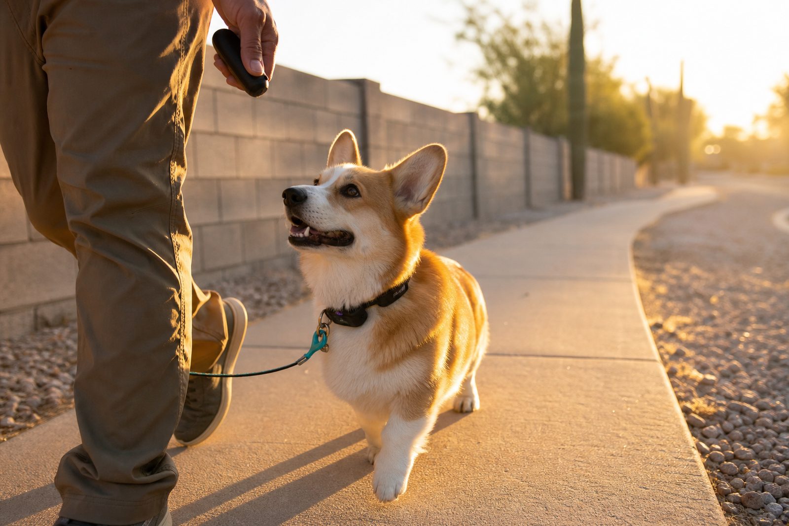 Corgi walking on a sidewalk wearing a remote training collar during a lesson.