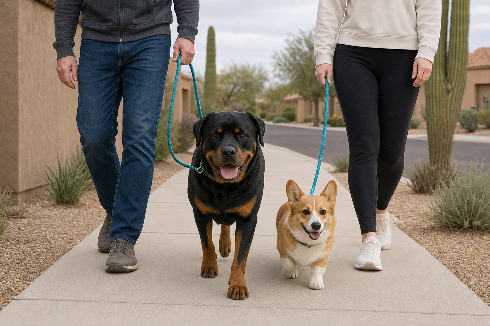 Rottweiler and Pembroke Welsh Corgi walking in parallel on leash with their handlers during a multi dog household walk