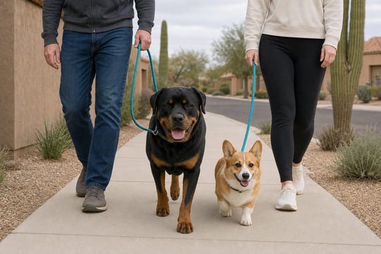 Rottweiler and Pembroke Welsh Corgi walking in parallel on leash with their handlers during a multi dog household walk