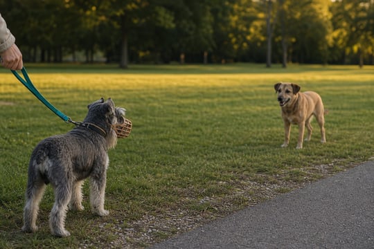 Muzzled Schnauzer standing calmly at a distance from another dog in a park.