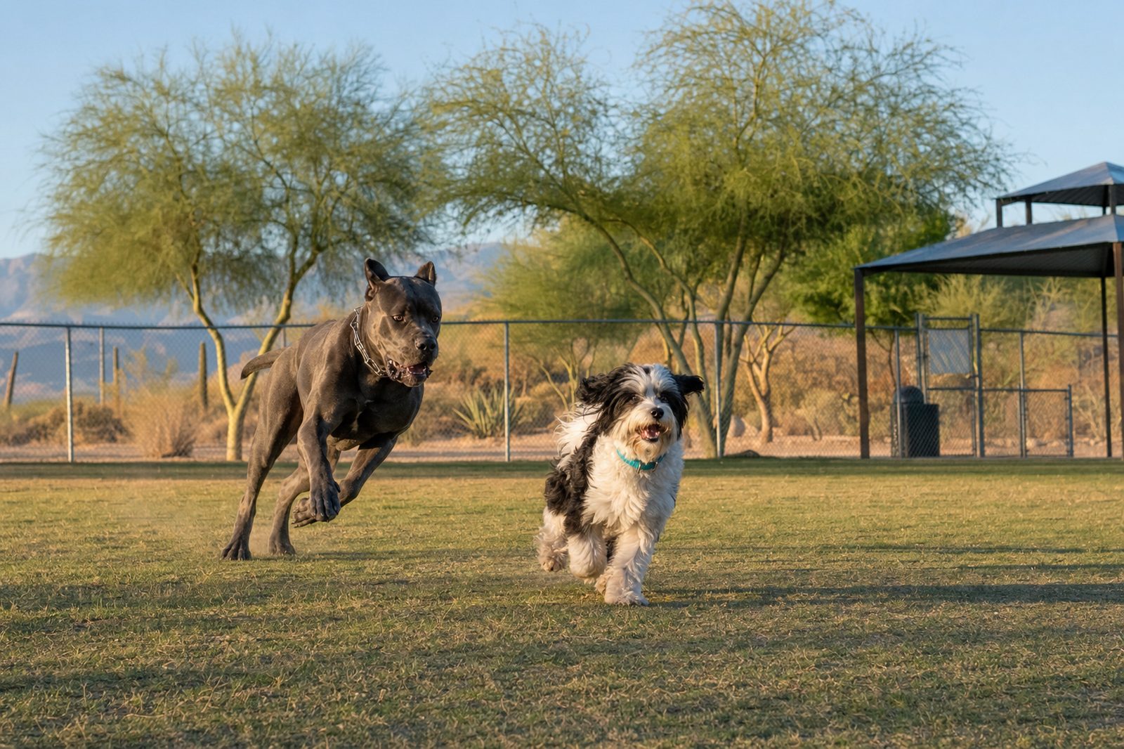 Cane corso and havanese running off-leash on grass at a Scottsdale dog park