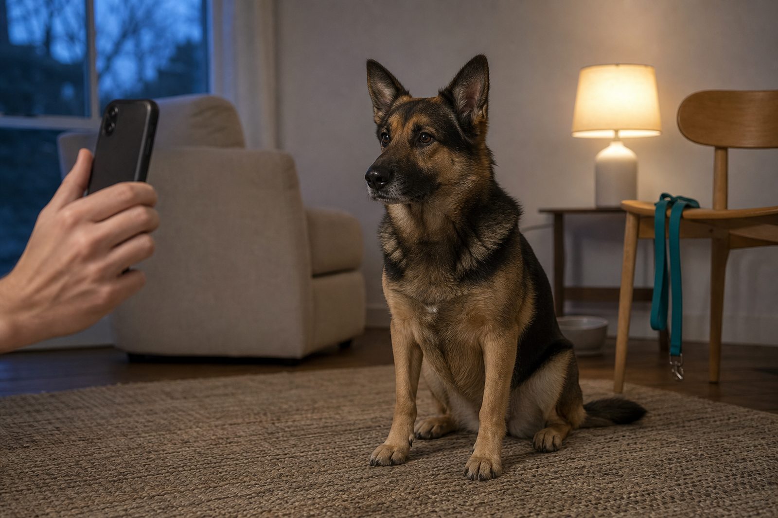 Shepherd mix holding a sit-stay while a handler films for an online lesson.