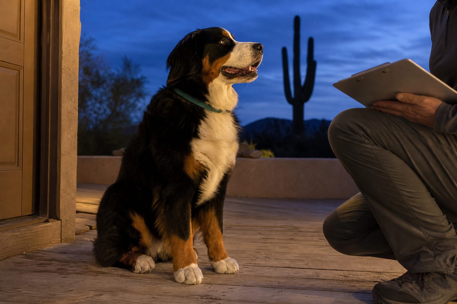 A Bernese Mountain Dog sits for an evaluation on a porch with a saguaro in the dusk light.
