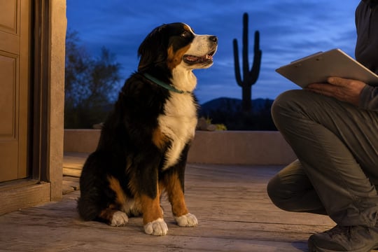 A Bernese Mountain Dog sits for an evaluation on a porch with a saguaro in the dusk light.