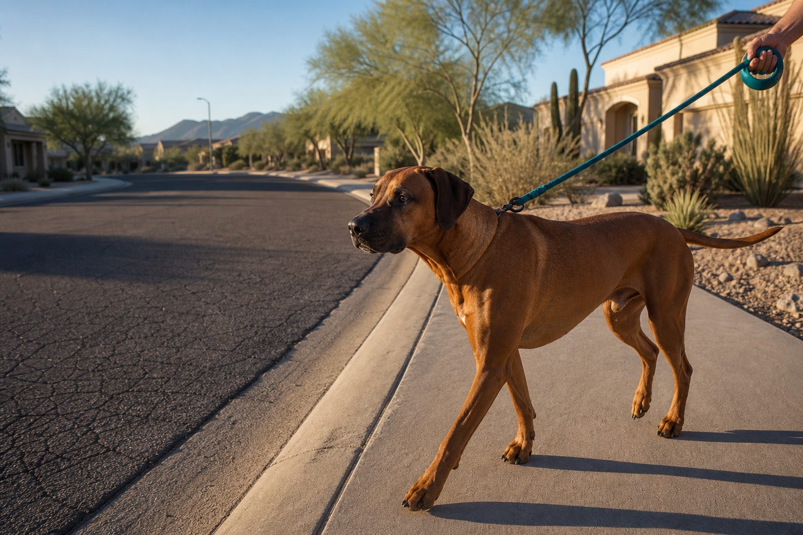 A Rhodesian Ridgeback walks on leash down a quiet desert cul-de-sac in early morning light.
