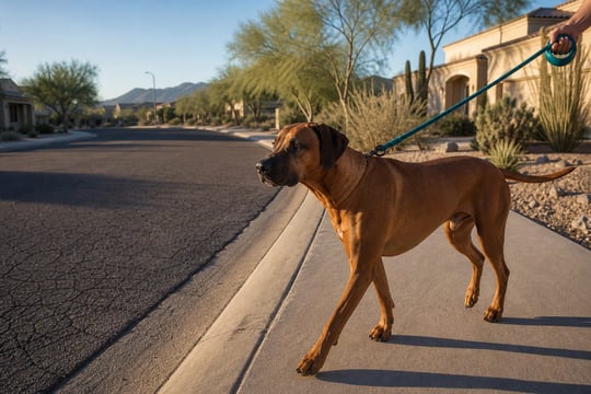 A Rhodesian Ridgeback walks on leash down a quiet desert cul-de-sac in early morning light.