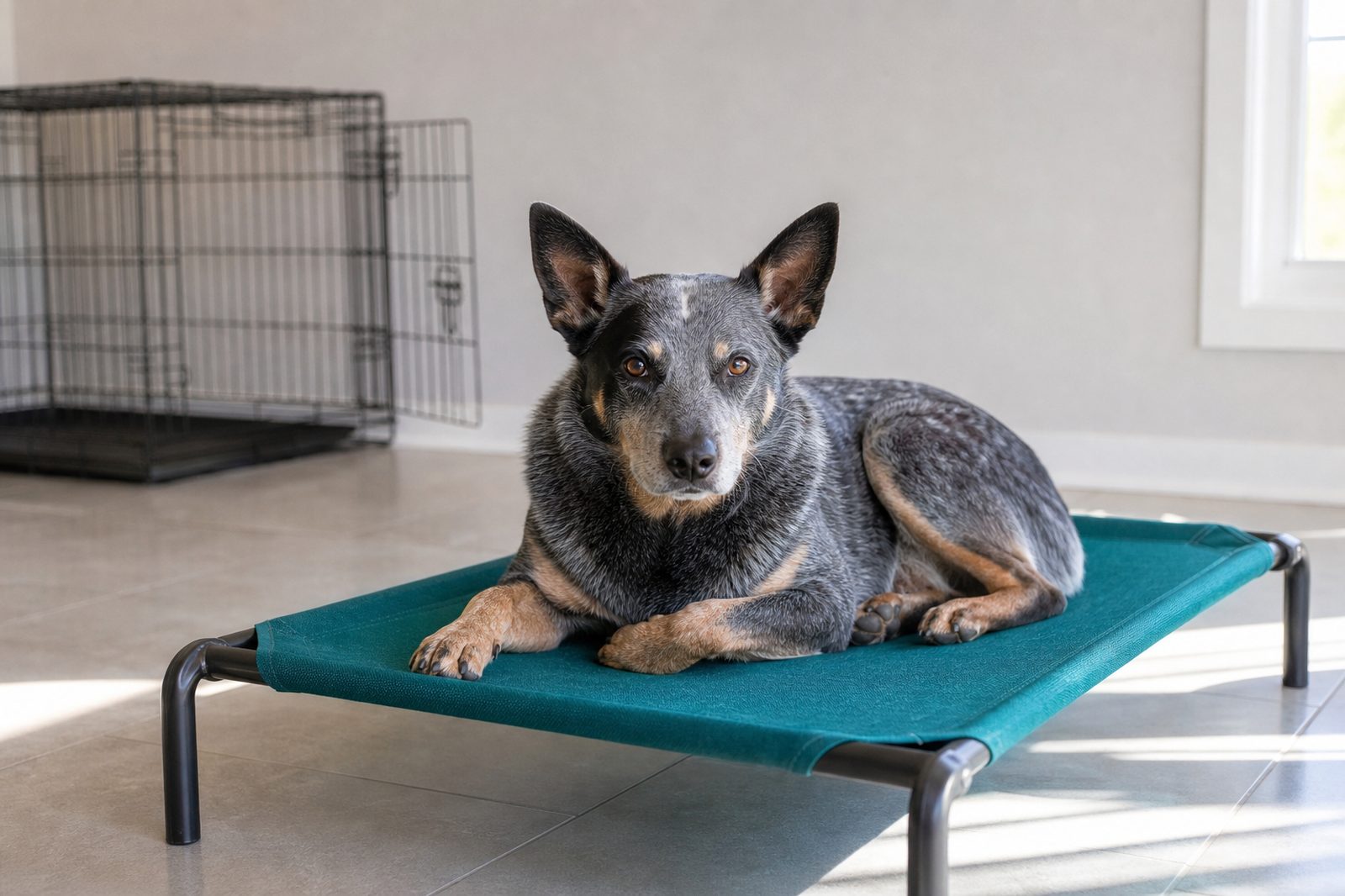 A Cattle Dog mix rests calmly on a raised place cot near an open crate in a sunlit living room.