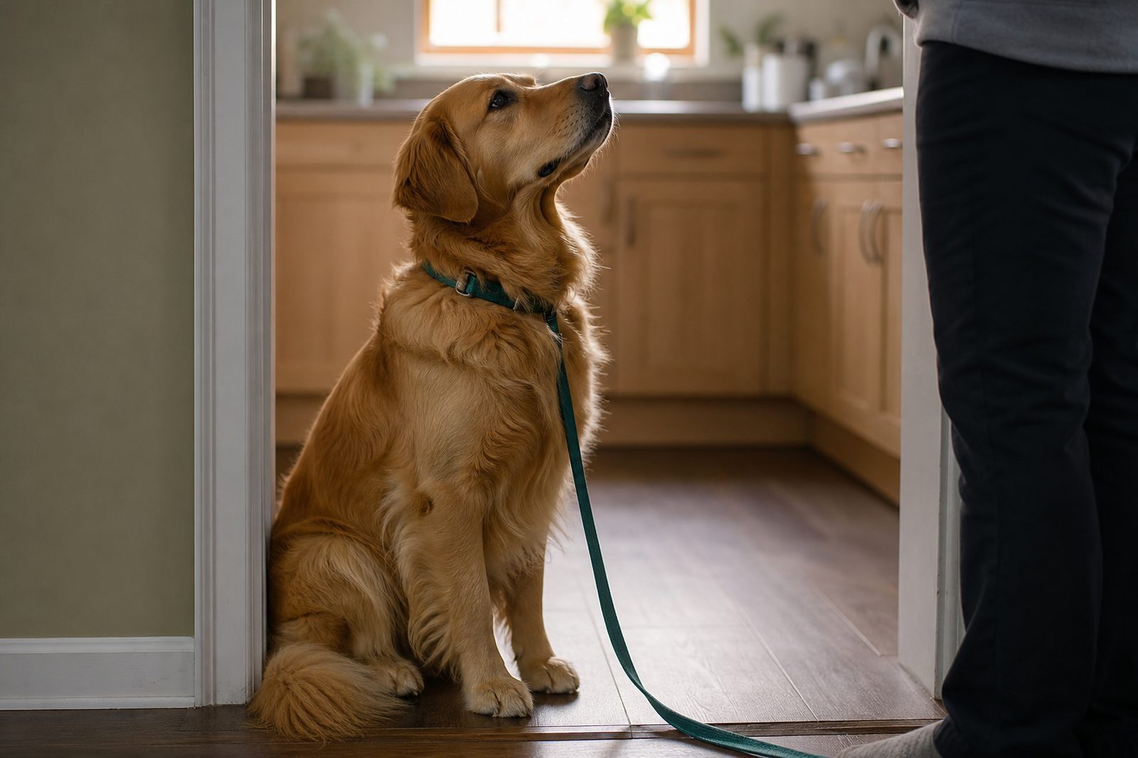 A Golden Retriever sits attentively in a kitchen doorway in soft late-afternoon light.