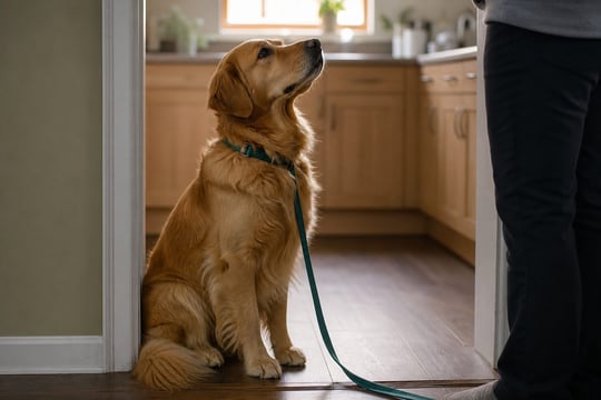 A Golden Retriever sits attentively in a kitchen doorway in soft late-afternoon light.