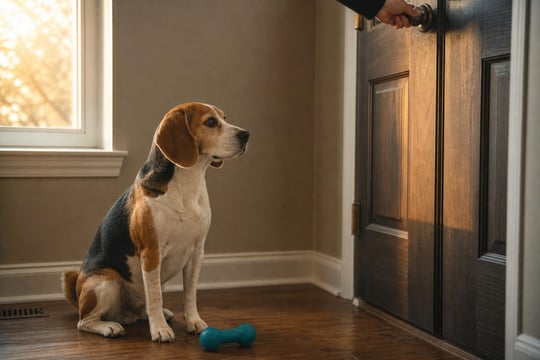 Beagle sitting calmly by the door as an owner prepares to leave.
