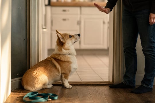 Corgi sitting calmly at an open doorway, looking up at a person giving a hand signal.