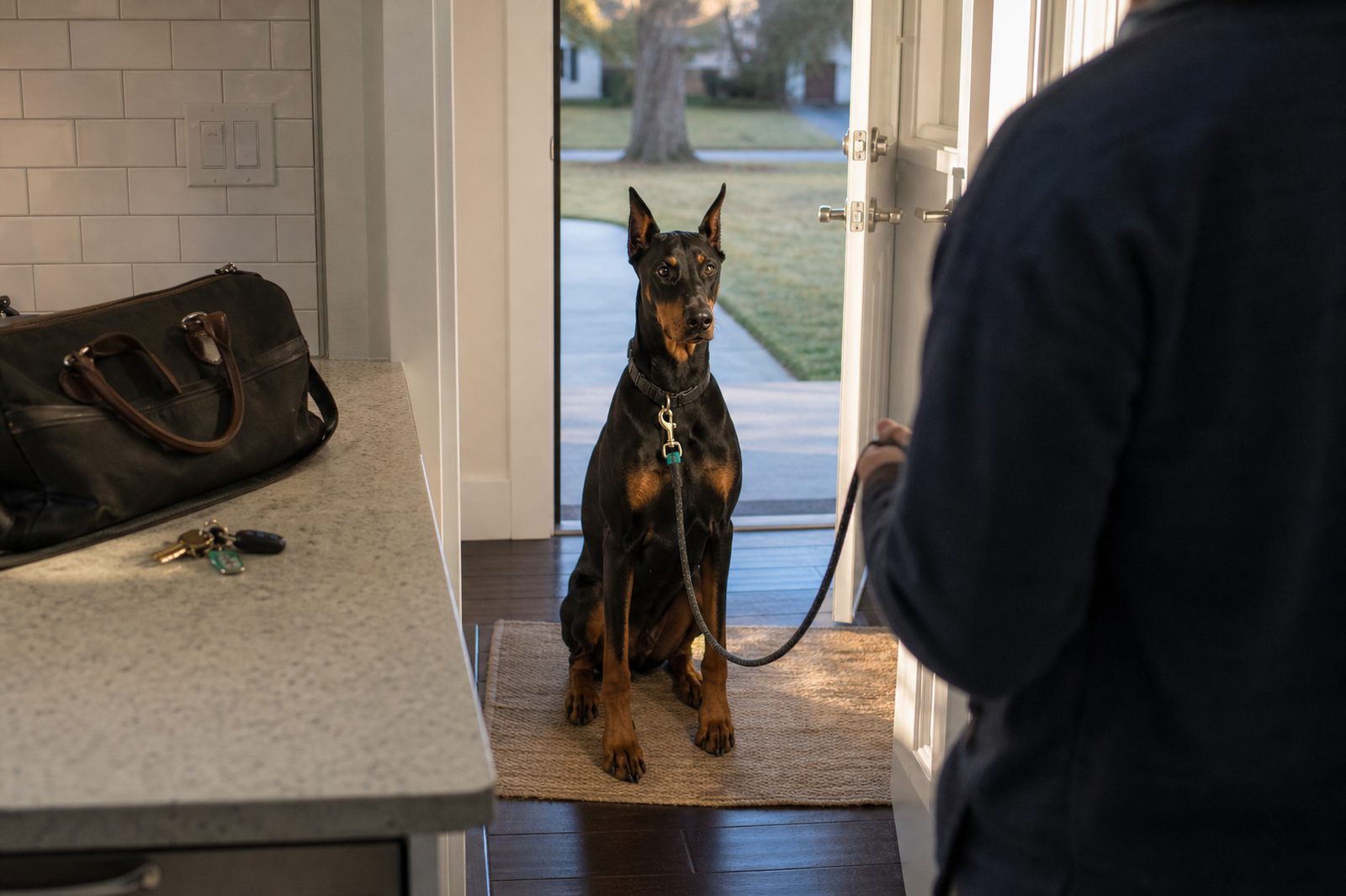 Doberman waiting calmly at a kitchen doorway on leash before its owner leaves for work