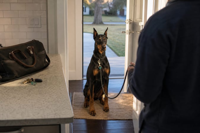 Doberman waiting calmly at a kitchen doorway on leash before its owner leaves for work