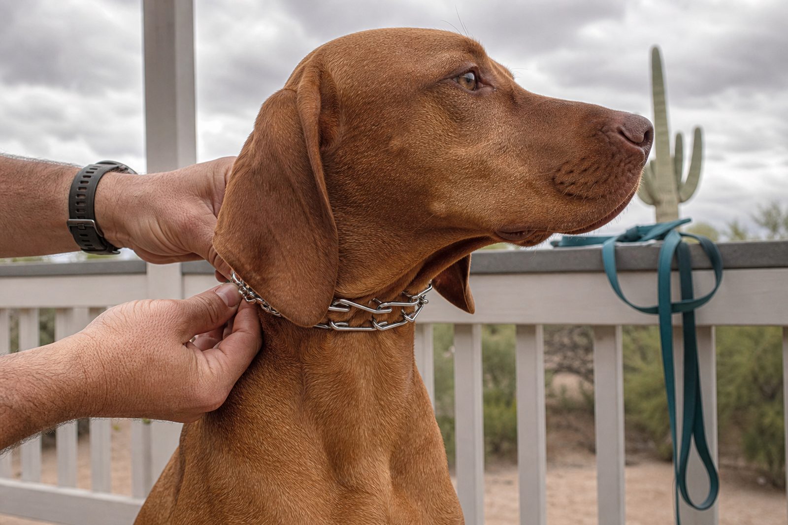 Hands checking a two-finger gap under a prong collar on a Vizsla's neck on a porch.
