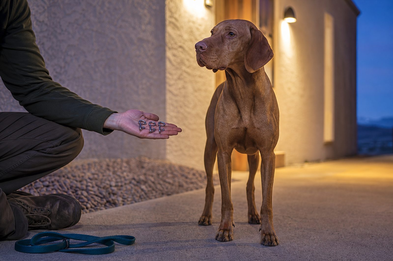 A Vizsla waits on a driveway as a handler compares prong collar link materials at dusk.