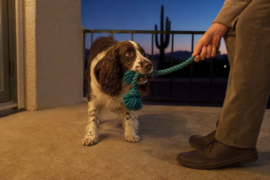 A Springer Spaniel plays tug with a rope toy on a porch at dusk with a saguaro in view.