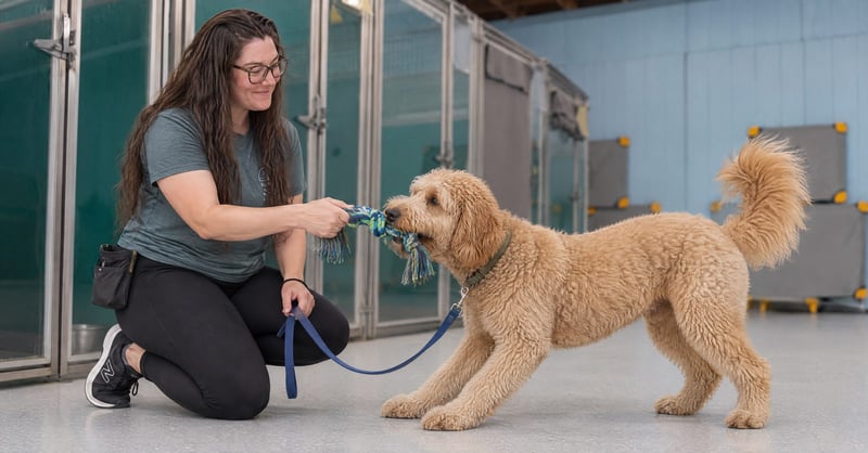 Noa Holt-Shannon with a goldendoodle puppy mouthing a rope toy at Cave Creek