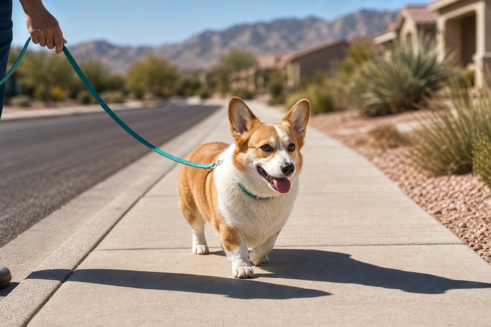 A Corgi walks on a loose leash along a sunny desert-edge sidewalk in the morning.