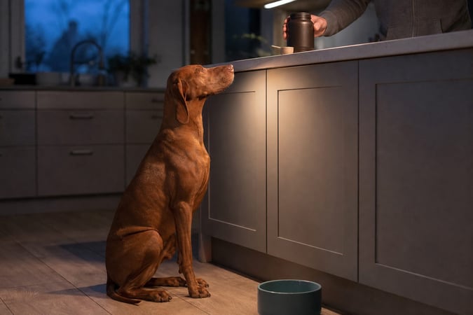 A Vizsla waits by the kitchen counter as a handler sets out a multivitamin jar.