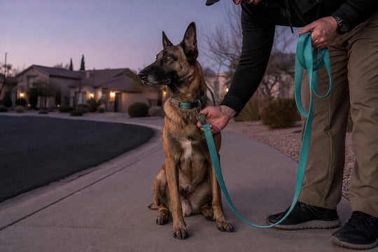A Belgian Malinois sits on a sidewalk while a handler checks its collar at dusk.