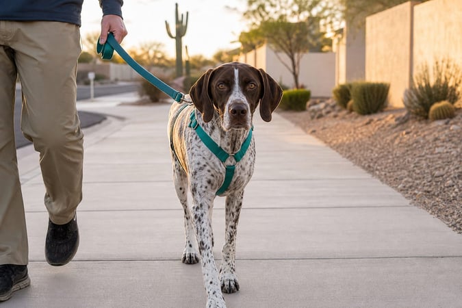 German Shorthaired Pointer walking calmly on a teal leash and harness beside a handler on a sidewalk.