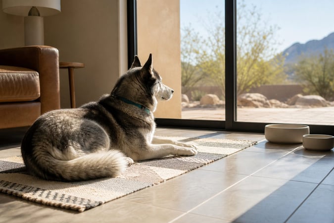 A Husky rests on a living room rug, watching the desert backyard through a glass door.