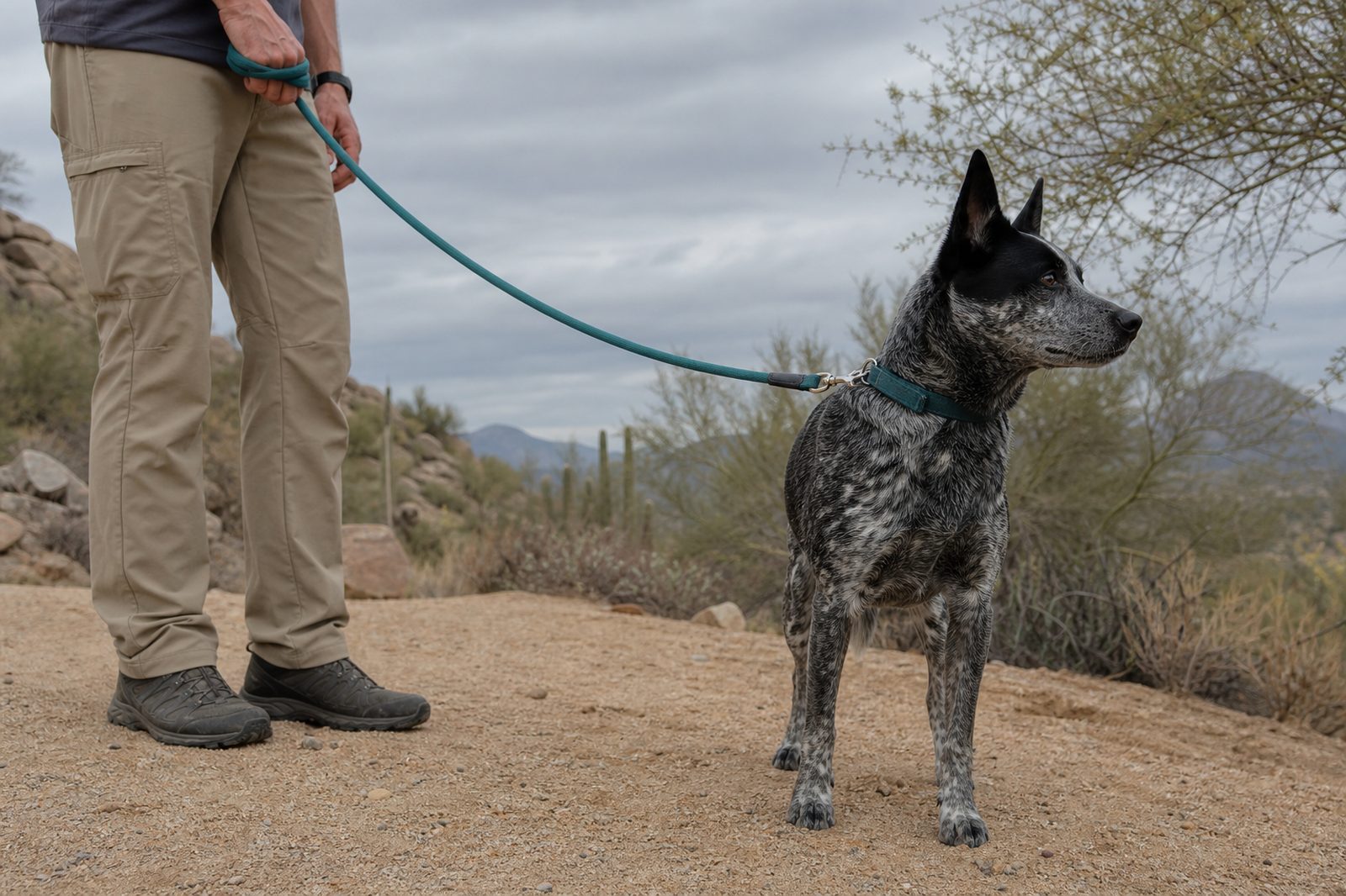 An alert Heeler mix pauses on a desert trail edge under monsoon clouds.
