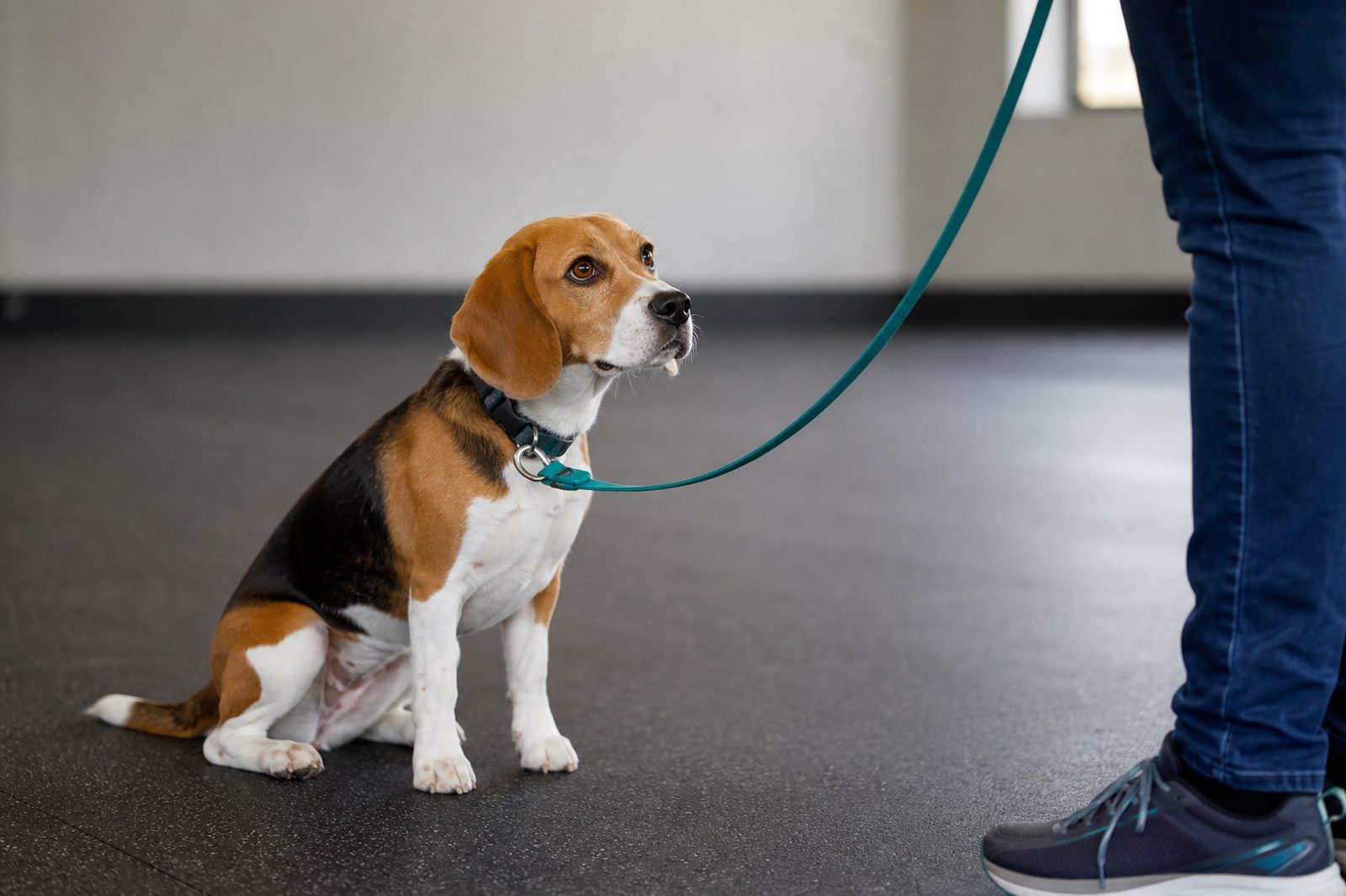 A focused Beagle sits on a training mat with its handler's leash leading out of frame.