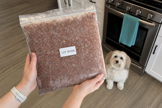 Pet Parent checking the lot number on a bag of frozen raw dog food in a home kitchen