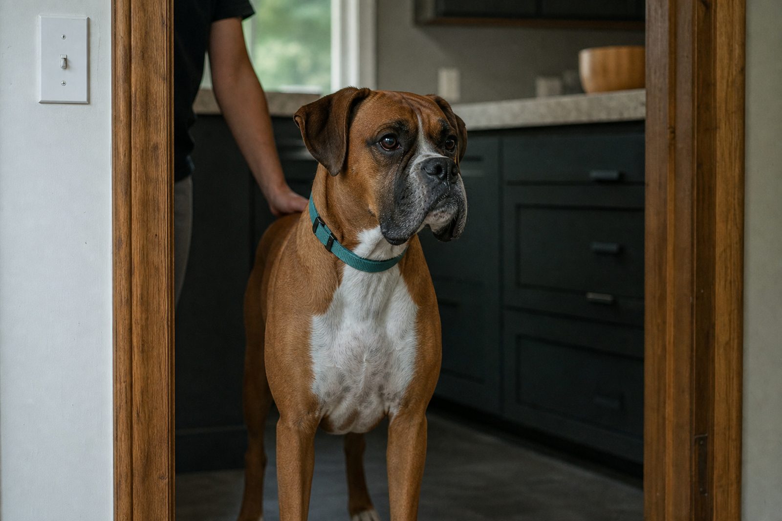 A Boxer stands calmly in a kitchen doorway with its owner's hand resting on its back.
