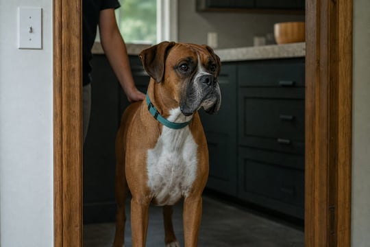 A Boxer stands calmly in a kitchen doorway with its owner's hand resting on its back.